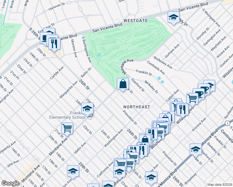 map of restaurants, bars, coffee shops, grocery stores, and more near 2726 Montana Avenue in Santa Monica