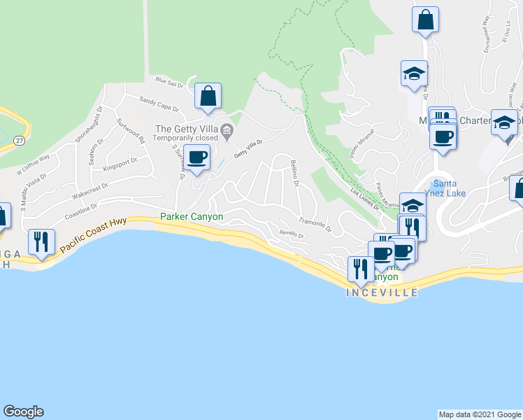 map of restaurants, bars, coffee shops, grocery stores, and more near 17800 Tramonto Drive in Los Angeles