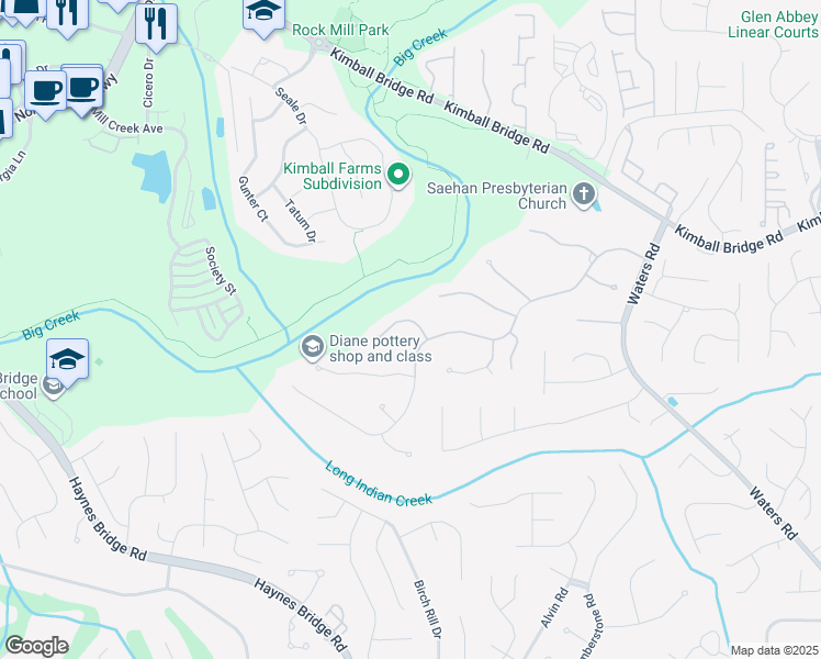 map of restaurants, bars, coffee shops, grocery stores, and more near 1710 Ridge Oak Place in Alpharetta