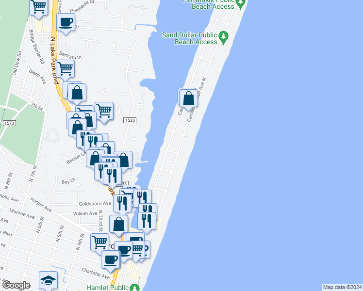 map of restaurants, bars, coffee shops, grocery stores, and more near 708 Carolina Beach Avenue North in Carolina Beach