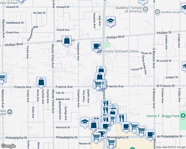 map of restaurants, bars, coffee shops, grocery stores, and more near Solaire Way in Chino