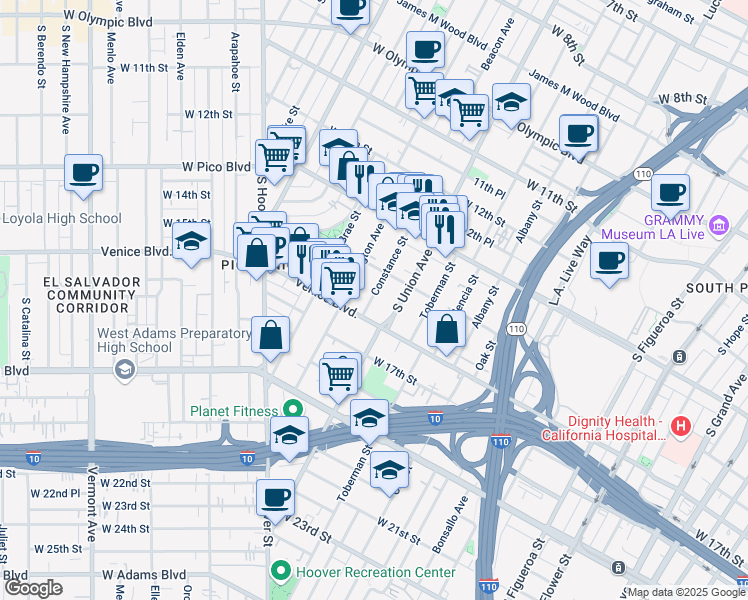 map of restaurants, bars, coffee shops, grocery stores, and more near 1436 1/2 Constance Street in Los Angeles