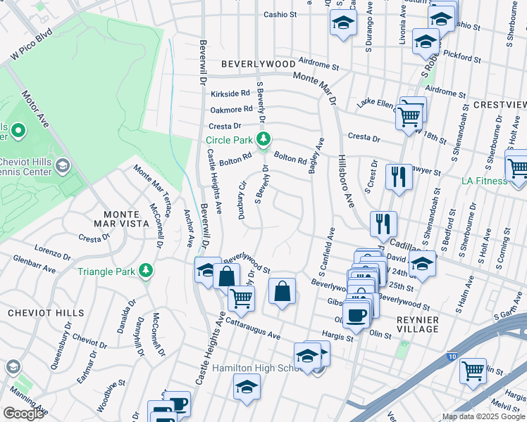 map of restaurants, bars, coffee shops, grocery stores, and more near 2238 South Beverly Drive in Los Angeles