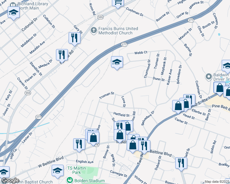 map of restaurants, bars, coffee shops, grocery stores, and more near 3151 Truman Street in Columbia