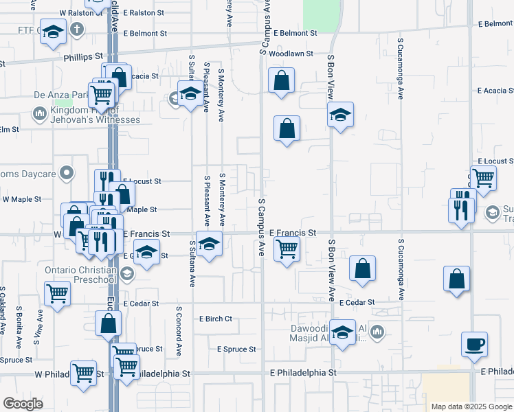 map of restaurants, bars, coffee shops, grocery stores, and more near 1716 S Campus Ave in Ontario