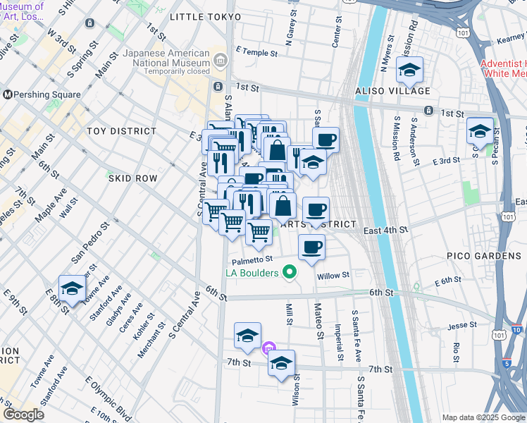 map of restaurants, bars, coffee shops, grocery stores, and more near 432 Colyton Street in Los Angeles