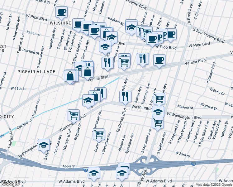 map of restaurants, bars, coffee shops, grocery stores, and more near 1862 South Cochran Avenue in Los Angeles