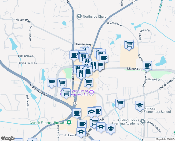 map of restaurants, bars, coffee shops, grocery stores, and more near 777 Mansell Rd in Roswell