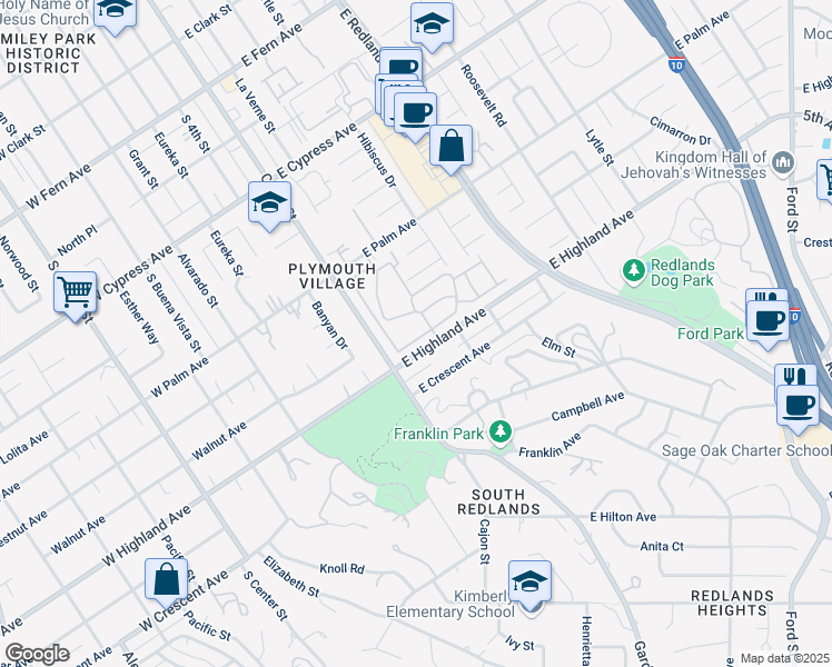 map of restaurants, bars, coffee shops, grocery stores, and more near 35 Carver Drive in Redlands