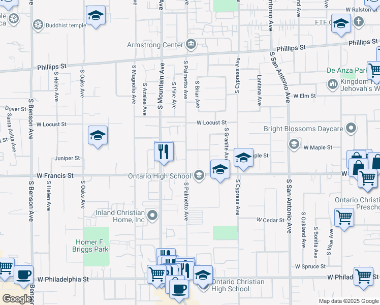 map of restaurants, bars, coffee shops, grocery stores, and more near 1709 South Palmetto Avenue in Ontario