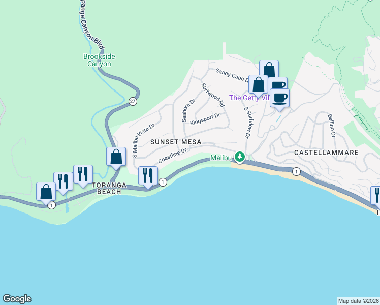 map of restaurants, bars, coffee shops, grocery stores, and more near 18244 Coastline Drive in Malibu