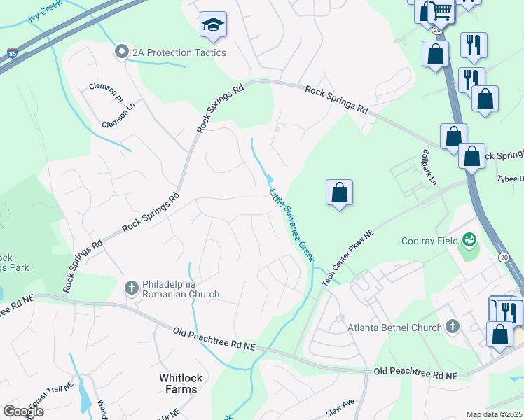 map of restaurants, bars, coffee shops, grocery stores, and more near 832 Rockfount Way Northeast in Lawrenceville