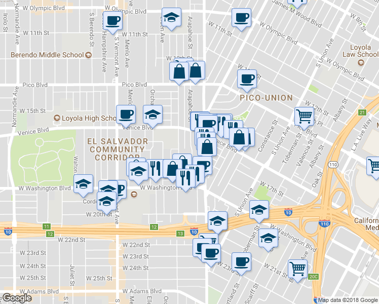 map of restaurants, bars, coffee shops, grocery stores, and more near 1705 Arapahoe Street in Los Angeles