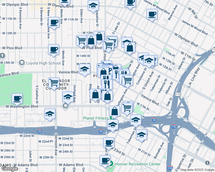 map of restaurants, bars, coffee shops, grocery stores, and more near 1702 South Hoover Street in Los Angeles