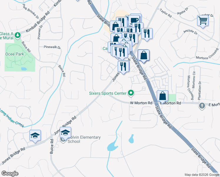 map of restaurants, bars, coffee shops, grocery stores, and more near 10755 Jones Bridge Road in Alpharetta