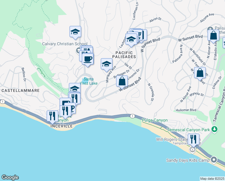 map of restaurants, bars, coffee shops, grocery stores, and more near 16951 Sunset Boulevard in Los Angeles