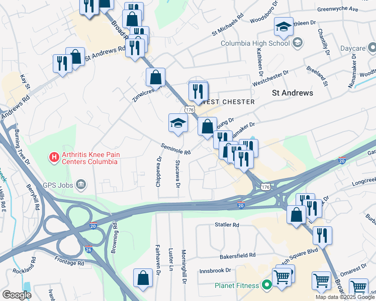 map of restaurants, bars, coffee shops, grocery stores, and more near 2632 Seminole Road in Columbia