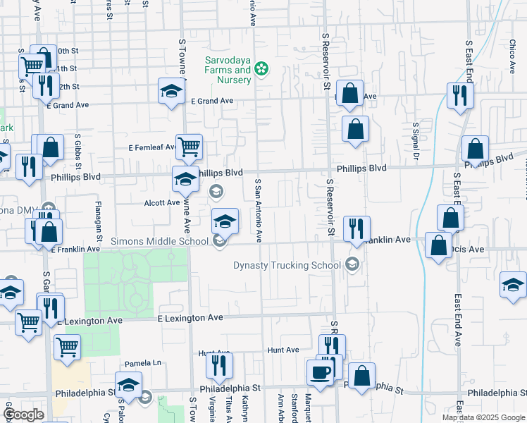 map of restaurants, bars, coffee shops, grocery stores, and more near 1602 South San Antonio Avenue in Pomona