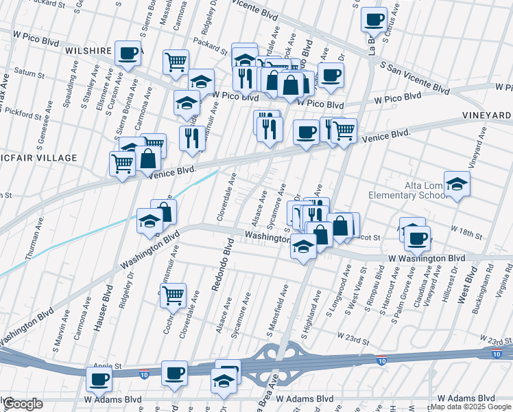 map of restaurants, bars, coffee shops, grocery stores, and more near 1839 Alsace Avenue in Los Angeles