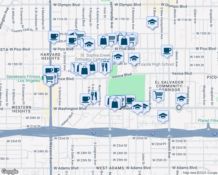 map of restaurants, bars, coffee shops, grocery stores, and more near 1702 Normandie Avenue in Los Angeles