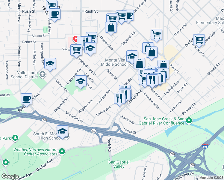 map of restaurants, bars, coffee shops, grocery stores, and more near 1602 Leafdale Avenue in South El Monte