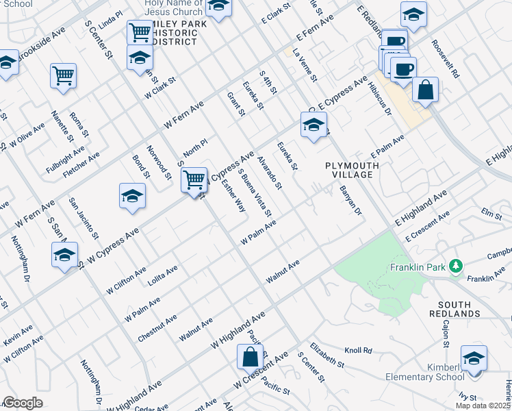 map of restaurants, bars, coffee shops, grocery stores, and more near 716 South Buena Vista Street in Redlands