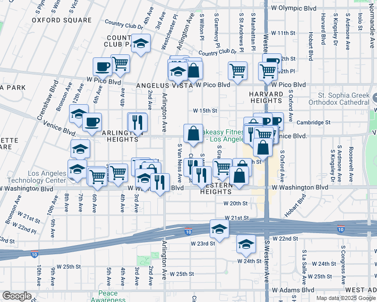 map of restaurants, bars, coffee shops, grocery stores, and more near 1631 Cimarron Street in Los Angeles