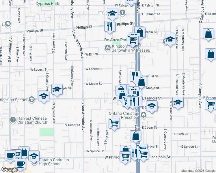map of restaurants, bars, coffee shops, grocery stores, and more near 415 West Maple Court in Ontario