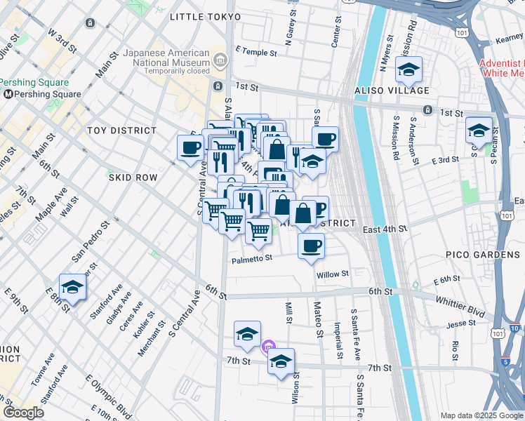 map of restaurants, bars, coffee shops, grocery stores, and more near 432 Colyton Street in Los Angeles
