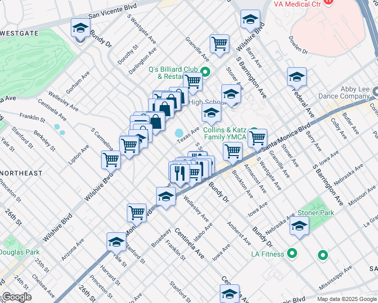 map of restaurants, bars, coffee shops, grocery stores, and more near 1316 South Bundy Drive in Los Angeles