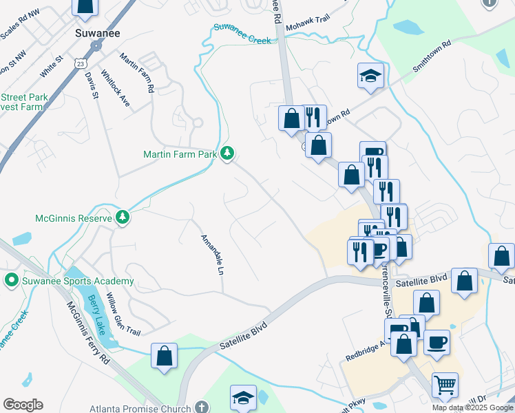 map of restaurants, bars, coffee shops, grocery stores, and more near 425 Golden Meadows Lane in Suwanee