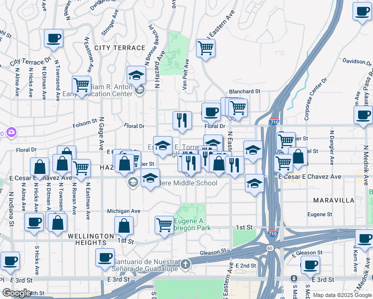 map of restaurants, bars, coffee shops, grocery stores, and more near 4121 East Hammel Street in Los Angeles