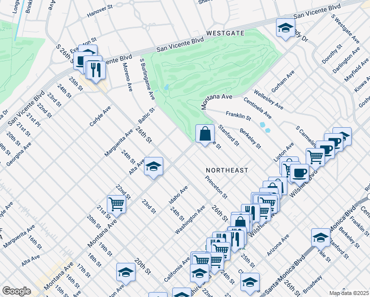 map of restaurants, bars, coffee shops, grocery stores, and more near 12919 Montana Avenue in Los Angeles
