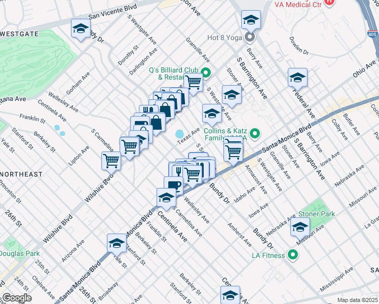 map of restaurants, bars, coffee shops, grocery stores, and more near 12026 Rhode Island Avenue in Los Angeles
