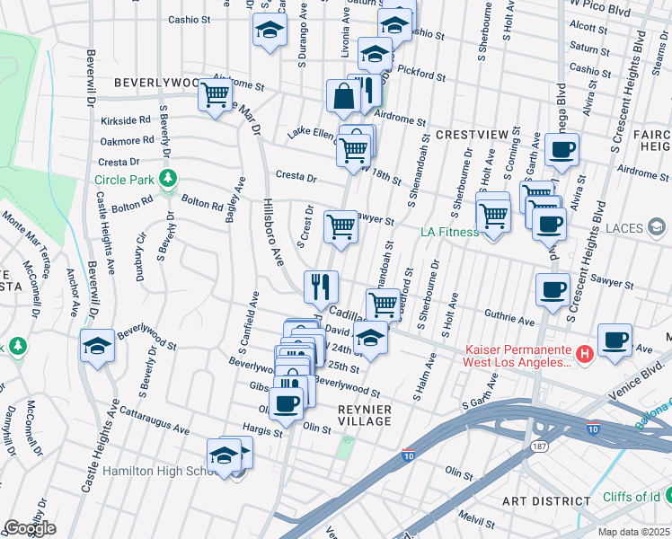 map of restaurants, bars, coffee shops, grocery stores, and more near 1970 1/2 South Robertson Boulevard in Los Angeles