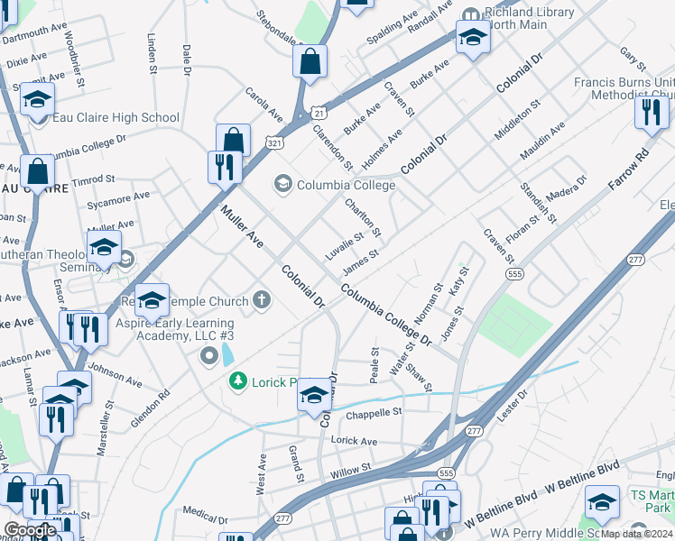map of restaurants, bars, coffee shops, grocery stores, and more near 1521 Columbia College Drive in Columbia