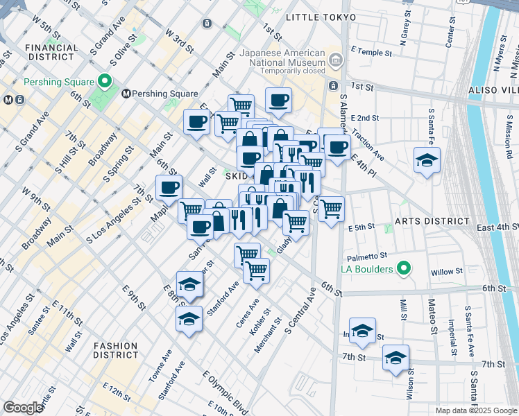 map of restaurants, bars, coffee shops, grocery stores, and more near 532 Crocker Street in Los Angeles