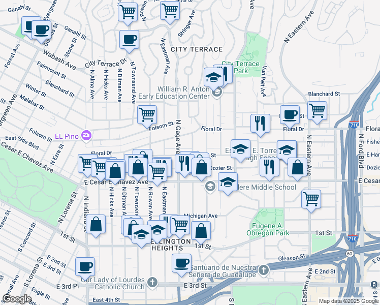 map of restaurants, bars, coffee shops, grocery stores, and more near 3831 East Hammel Street in Los Angeles
