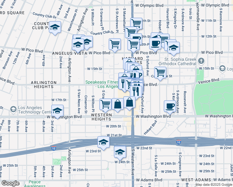 map of restaurants, bars, coffee shops, grocery stores, and more near 1630 South Saint Andrews Place in Los Angeles