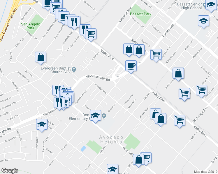 map of restaurants, bars, coffee shops, grocery stores, and more near 241 South 3rd Avenue in Avocado Heights