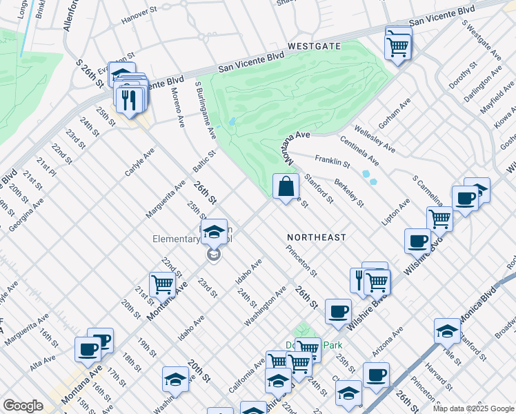 map of restaurants, bars, coffee shops, grocery stores, and more near 12919 Montana Avenue in Los Angeles