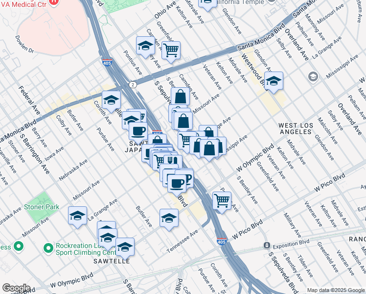 map of restaurants, bars, coffee shops, grocery stores, and more near 1954 Cotner Avenue in Los Angeles