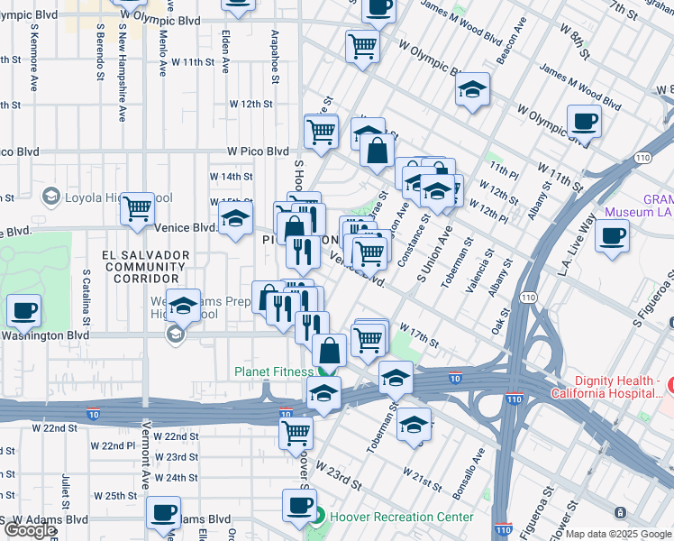 map of restaurants, bars, coffee shops, grocery stores, and more near 1611 South Bonnie Brae Street in Los Angeles
