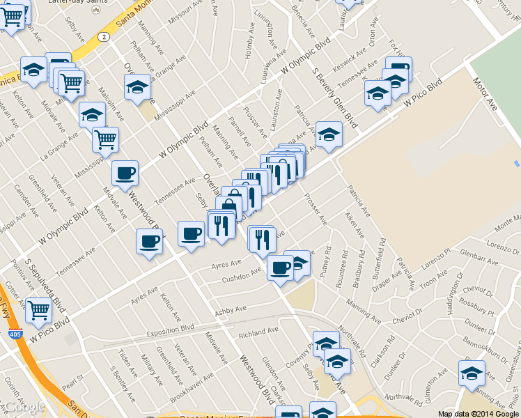 map of restaurants, bars, coffee shops, grocery stores, and more near 10644 W Pico Blvd in Los Angeles
