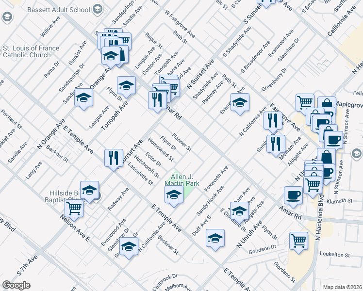 map of restaurants, bars, coffee shops, grocery stores, and more near 14726 Flanner Street in La Puente