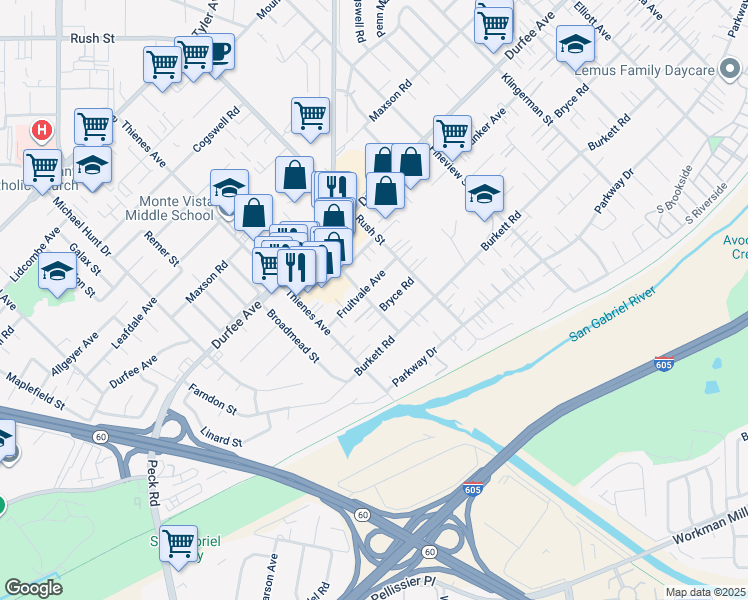 map of restaurants, bars, coffee shops, grocery stores, and more near 11419 Herb Street in South El Monte