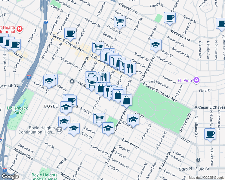 map of restaurants, bars, coffee shops, grocery stores, and more near 203 North Saratoga Street in Los Angeles