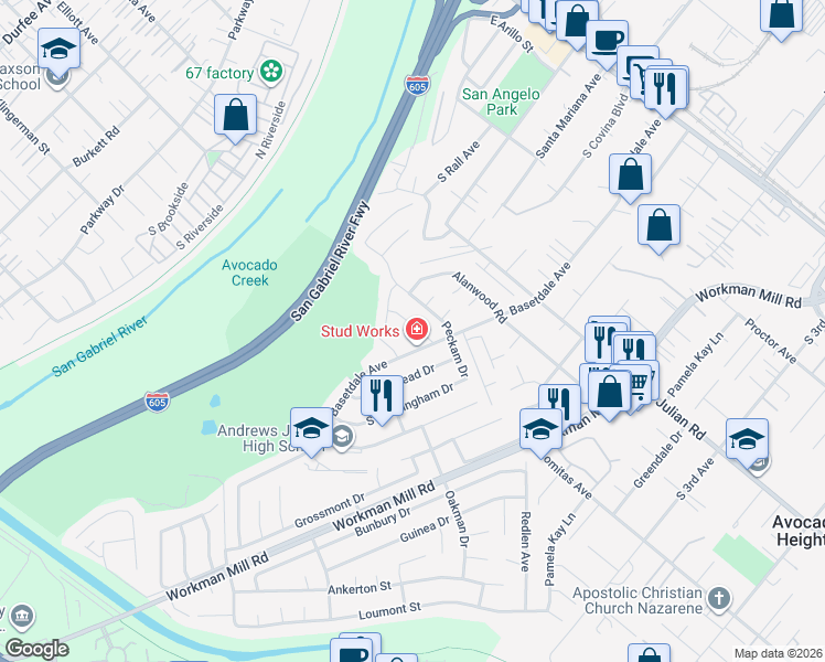 map of restaurants, bars, coffee shops, grocery stores, and more near 13141 Levelwood Street in La Puente