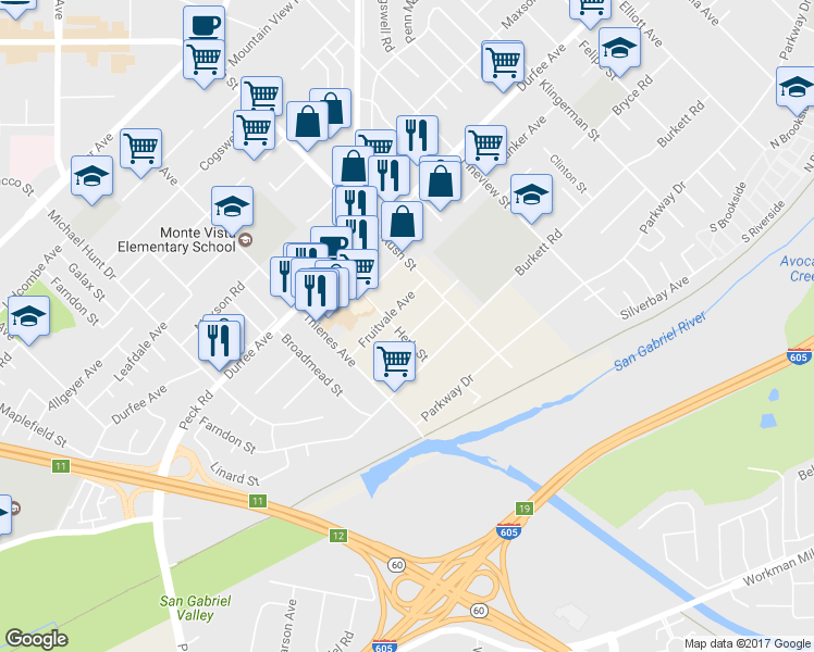 map of restaurants, bars, coffee shops, grocery stores, and more near 1911 Bryce Road in El Monte