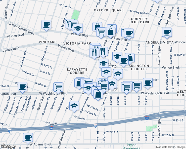 map of restaurants, bars, coffee shops, grocery stores, and more near 1732 Crenshaw Boulevard in Los Angeles